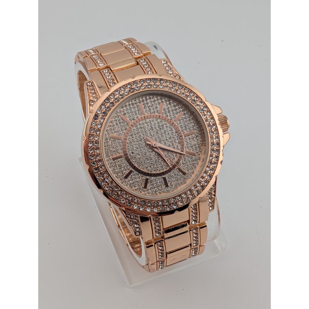Women's Rose Gold Quartz Watch 39mm Case Rhinestone Bezel 7.75" Band- New Batter